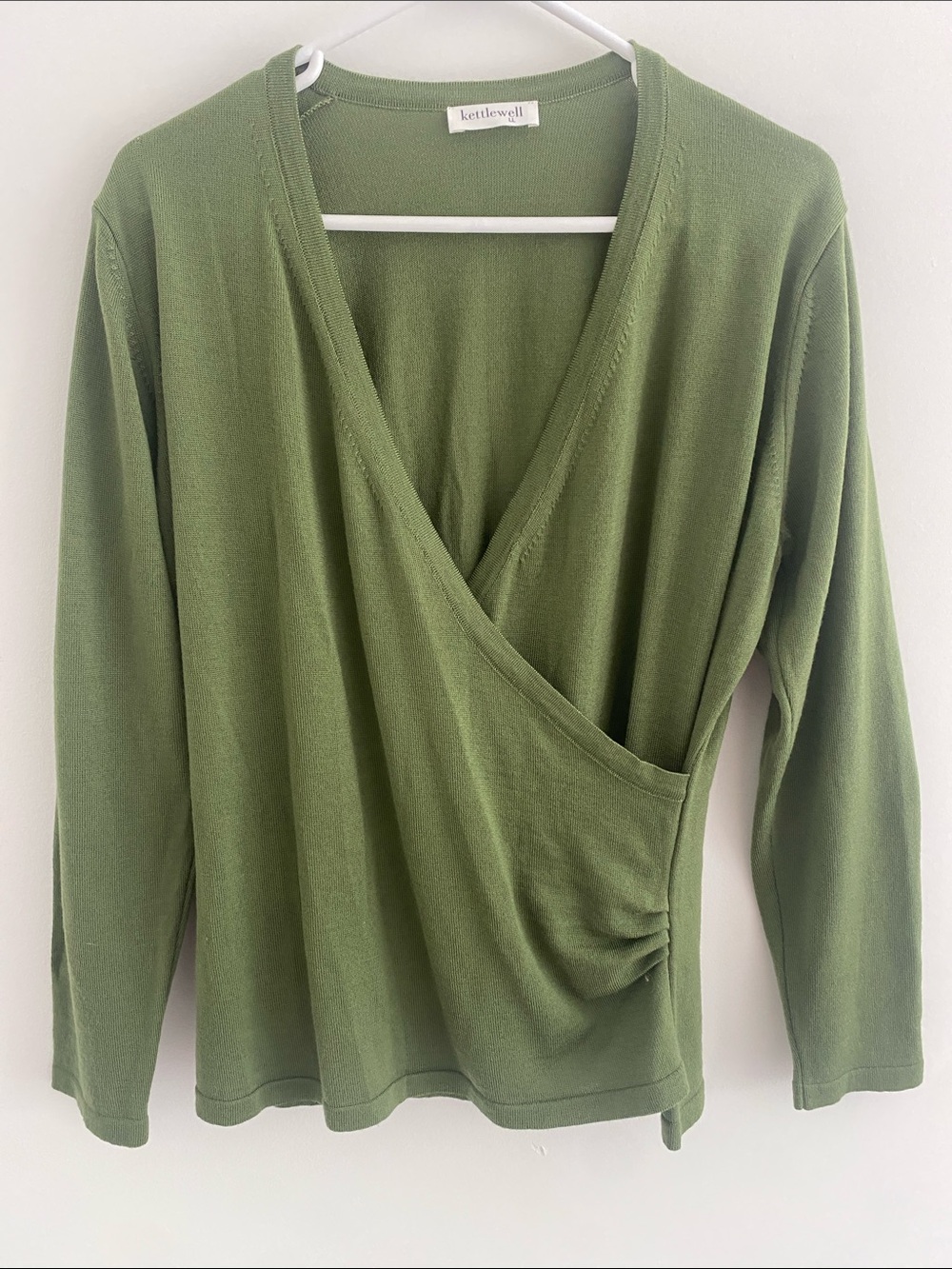 Kettlewell Merino Wool L/S Faux Wrap V Neck Top Sweater Green Elm Size Size 12